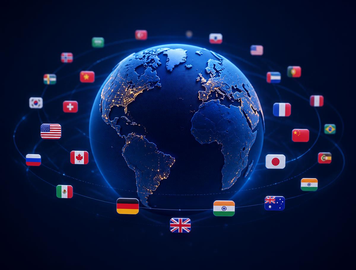 Globe surrounded by flags of the world, representing GLIT's global markets